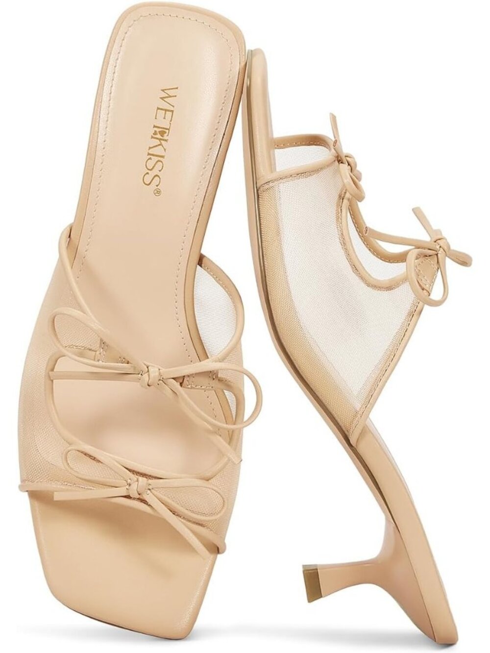 Women's Graceful Nude Mesh Comfortable Fashionable Bow Kitten Heeled Sandals